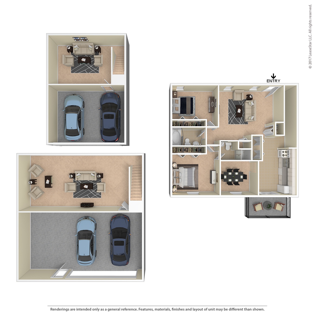 A floor plan of a house with a garage and a car.